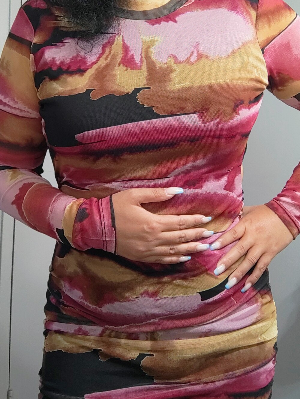 Colorful Abstract Print Long Sleeve Dress Mesh